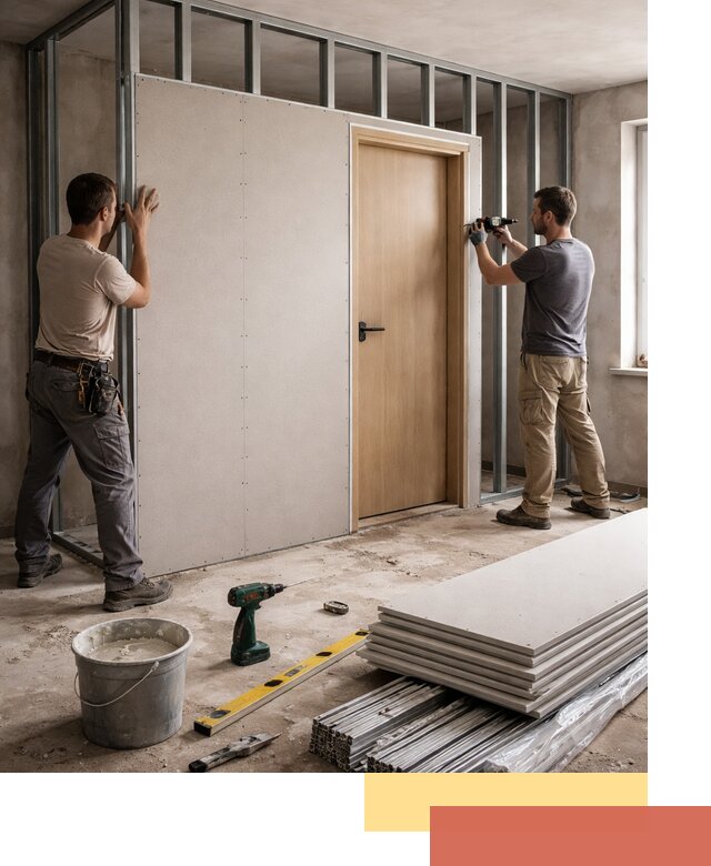 Перегородка из гипсокартона с дверью под ключ в Серпухове