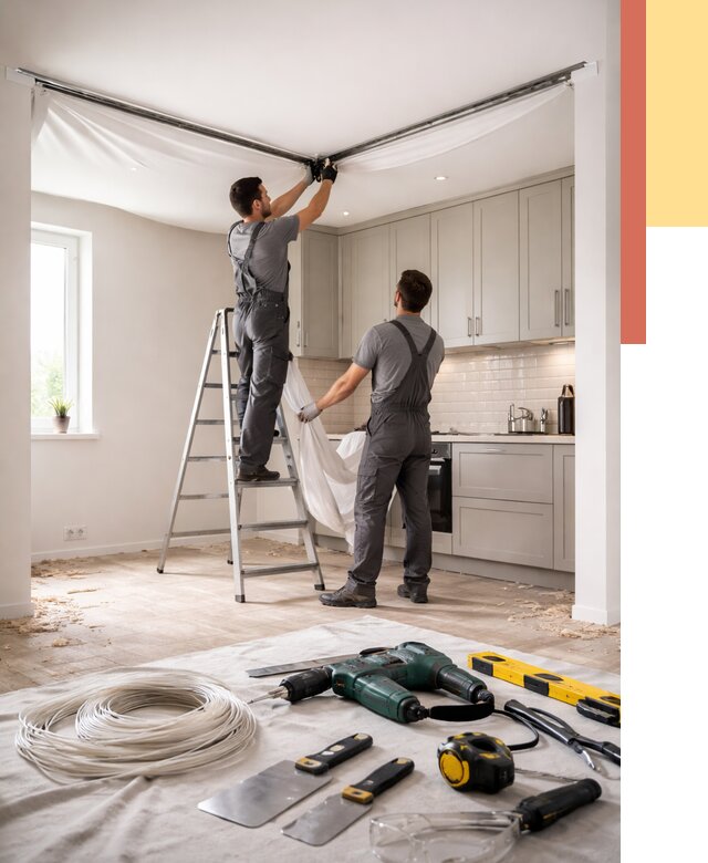 Установка натяжного потолка на кухне в Серпухове от 2439 руб. | ОТДЕЛОЧНИК-Срп