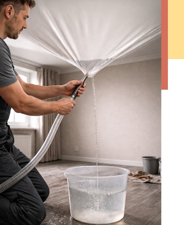 Слив воды с натяжного потолка в Серпухове от 2540 руб. быстро и недорого | ОТДЕЛОЧНИК-Срп