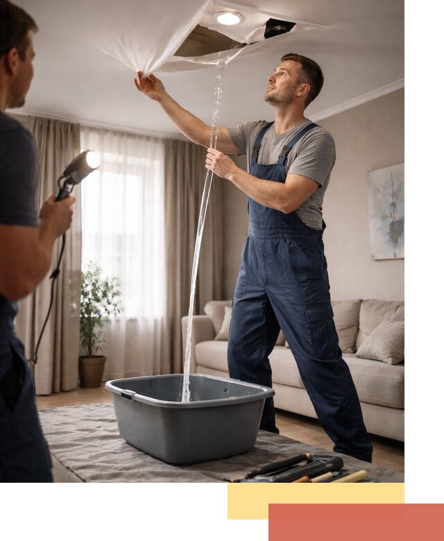 Слив воды с натяжного потолка в Серпухове быстро и аккуратно